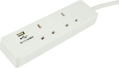 2 Gang Mains Power Extension Lead with 1 x USB Port