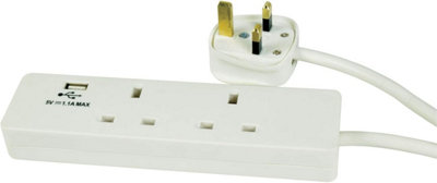 2 Gang Mains Power Extension Lead with 1 x USB Port