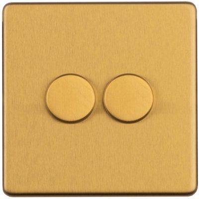 2 Gang Rotary Dimmer Switch 2 Way LED SCREWLESS SATIN BRASS Light Dimming Wall