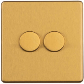 2 Gang Rotary Dimmer Switch 2 Way LED SCREWLESS SATIN BRASS Light Dimming Wall
