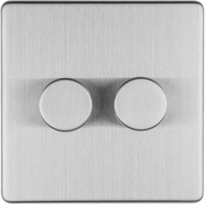 2 Gang Rotary Dimmer Switch 2 Way LED SCREWLESS SATIN STEEL Light Dimming Wall