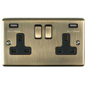 2 Gang Single UK Plug Socket & Dual 2.1A USB ANTIQUE BRASS & Black 13A Switched