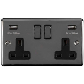 2 Gang Single UK Plug Socket & Dual 2.1A USB BLACK NICKEL & Black 13A Switched