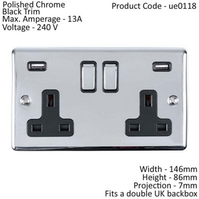 2 Gang Single UK Plug Socket & Dual 2.1A USB CHROME & Black 13A Switched