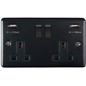 2 Gang Single UK Plug Socket & Dual 2.1A USB MATT BLACK & Black 13A Switched
