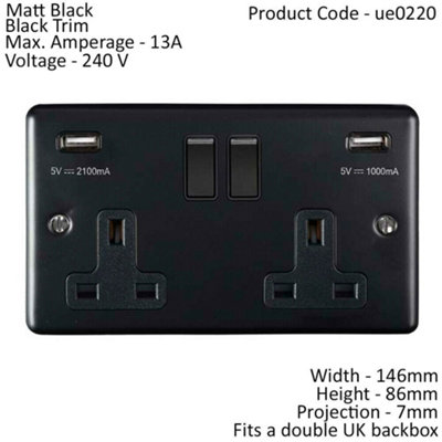 2 Gang Single UK Plug Socket & Dual 2.1A USB MATT BLACK & Black 13A Switched