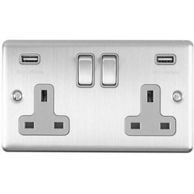 2 Gang Single UK Plug Socket & Dual 2.1A USB SATIN STEEL & Grey 13A ...