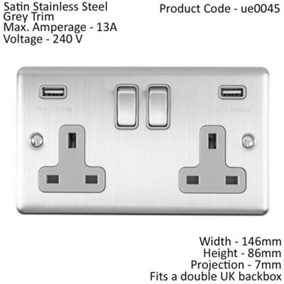 2 Gang Single UK Plug Socket & Dual 2.1A USB SATIN STEEL & Grey 13A ...
