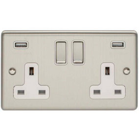2 Gang Single UK Plug Socket & Dual 2.1A USB SATIN STEEL & White 13A Switched