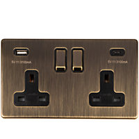 2 Gang Switched Socket with 2x USB: (1x Type A & 1x Type C) Flat Concealed Antique Plate Matching Rockers