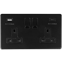 2 Gang Switched Socket with 2x USB: (1x Type A & 1x Type C) Flat Concealed Matt Black Plate Black Rockers
