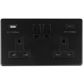 2 Gang Switched Socket with 2x USB: (1x Type A & 1x Type C) Flat Concealed Matt Black Plate Black Rockers