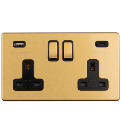 2 Gang Switched Socket with 2x USB: (1x Type A & 1x Type C) Flat Concealed Satin Brass Plate Matching Rocker