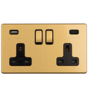 2 Gang Switched Socket with 2x USB: (1x Type A & 1x Type C) Flat Concealed Satin Brass Plate Matching Rocker