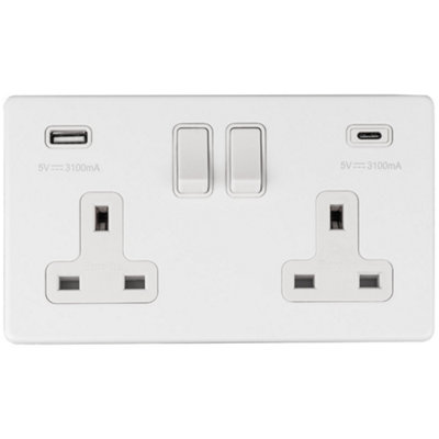 2 Gang Switched Socket with 2x USB:(1x Type A & 1x Type C) Flat ...