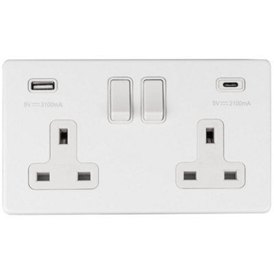 2 Gang Switched Socket with 2x USB:(1x Type A & 1x Type C) Flat Concealed White Plate White Rockers