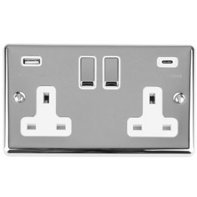 2 Gang Switched Socket with 2x USB: (1x Type A & 1x Type C) Polished Chrome Enhance Range White Trim