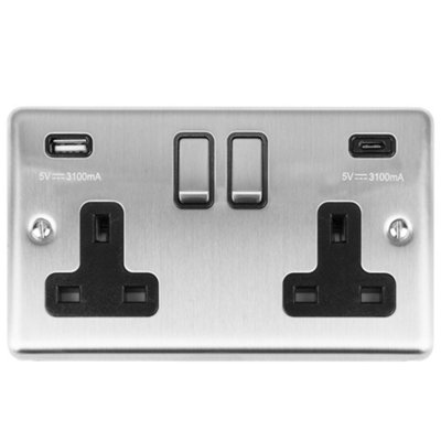 2 Gang Switched Socket with 2x USB: (1x Type A & 1x Type C) Satin Enhance Range Black Trim Price Comparisons | Compare The Build