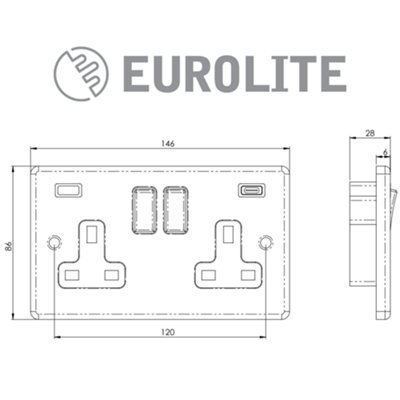 2 Gang Switched Socket with 2x USB: (1x Type A & 1x Type C) Satin ...