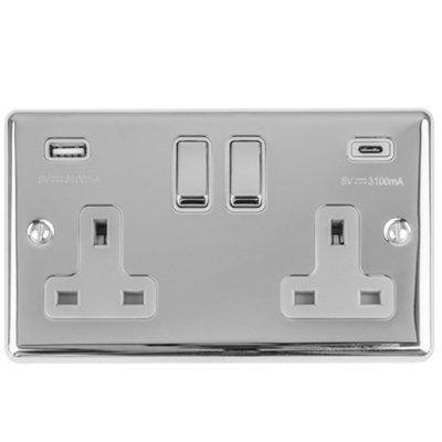 2 Gang Switched Socket with 2x USB: (1x Type A & 1x Type C) Satin ...