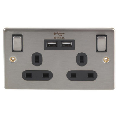 2 Gang Wall Socket Switched with 2x USB Charger Ports, Stainless Steel