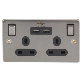 2 Gang Wall Socket Switched with 2x USB Charger Ports, Stainless Steel