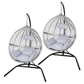 2 Garden Hanging Rattan Egg Chairs - Grey