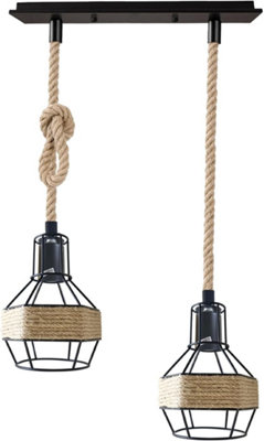 2 Head Hemp Rope Ceiling Pendant Light Metal Rectangular Ceiling Rose ...