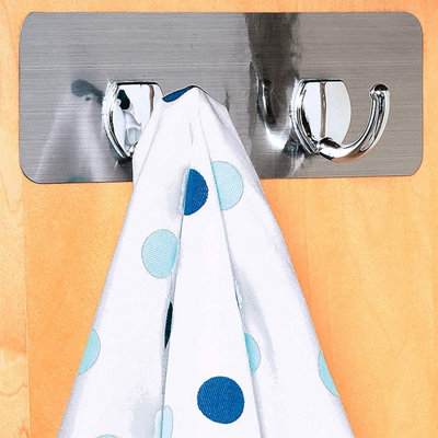 2 Hooks on Self Adhesive Backing Plate - Wall Mountable Chrome Effect  Kitchen or Bathroom Hook - Measures 7.5 x 22cm, Holds 2.5kg