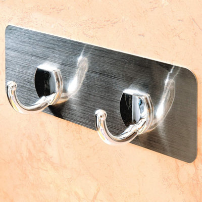2 Hooks on Self Adhesive Backing Plate - Wall Mountable Chrome Effect Kitchen or Bathroom Hook - Measures 7.5 x 22cm