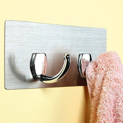 2 Hooks on Self Adhesive Backing Plate - Wall Mountable Chrome Effect Kitchen or Bathroom Hook - Measures 7.5 x 22cm, Holds 2.5kg