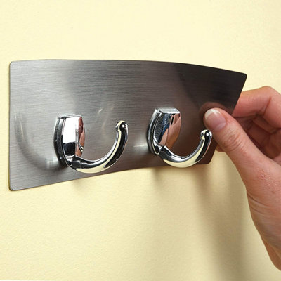 2 Hooks on Self Adhesive Backing Plate - Wall Mountable Chrome Effect  Kitchen or Bathroom Hook - Measures 7.5 x 22cm, Holds 2.5kg