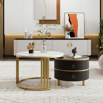 2-in-1 Black Coffee Table Set with Gold Accents