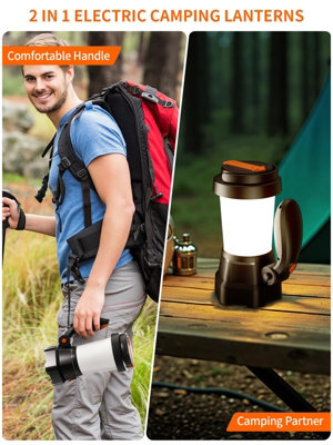 2 in 1 Black LED Camping Lantern Flashlight, Hand Crank Rechargeable, 3 ...