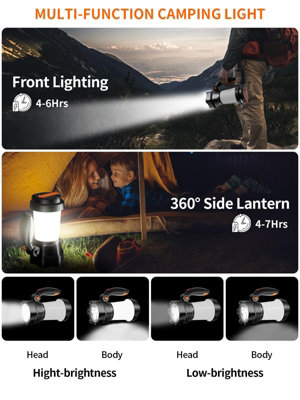 2 in 1 Black LED Camping Lantern Flashlight, Hand Crank Rechargeable, 3 ...