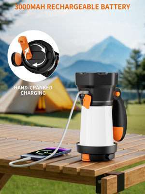 2 in 1 Black LED Camping Lantern Flashlight, Hand Crank Rechargeable, 3 ...