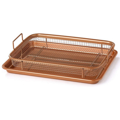 2-in-1 Copper Crisping Air Fry Tray - Cera Titanware Multifunctional Oven Frying Cooking Basket & Tray Set with Non-Stick Coating