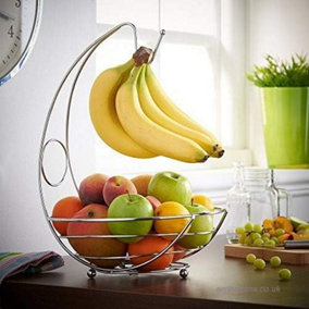2 in 1 Kitchen Storage Fruit Bowl & Banana Hanger Chrome Metal Finish Modern