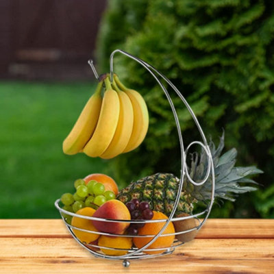 2 in 1 Kitchen Storage Fruit Bowl & Banana Hanger Chrome Metal Finish Modern - 6