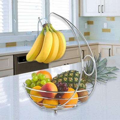 2 in 1 Kitchen Storage Fruit Bowl & Banana Hanger Chrome Metal Finish Modern - 7