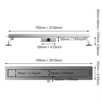 2-in-1 Linear Shower Drain Siphonic Design with Odor Prevention L 70cm