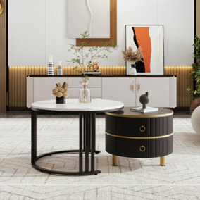 2-in-1 MDF Round Coffee Table with Glossy Surface, 1 Side Table with White Marble Top and 2 Drawers(White and Black)