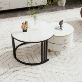 2-in-1 MDF Round Coffee Table with Glossy Surface and 1 Side Table with White Marble Top, Set with 2 Drawers(White)