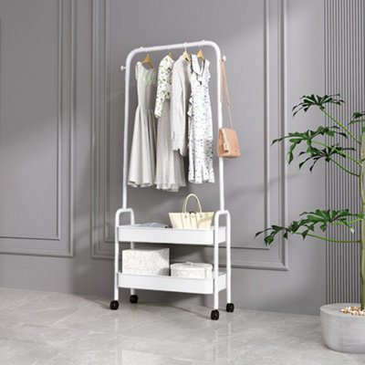 2 In 1 Rolling Garment Rack with 2 Tier Metal Basket Clothing Rack on Wheels for Bedroom