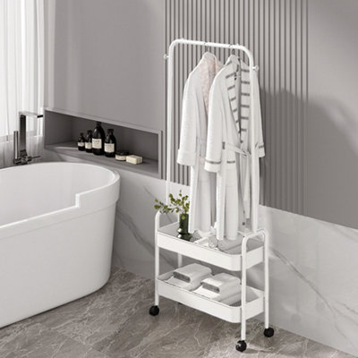 2 In 1 Rolling Garment Rack with 2 Tier Metal Basket Clothing Rack on Wheels for Bedroom