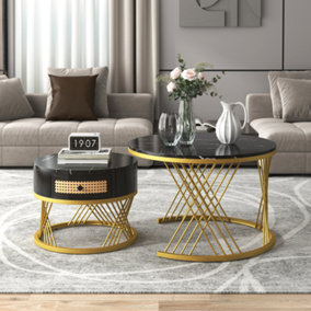 2-in-1 Round Coffee Table Made of MDF with Marble Grain Veneer Top, Rattan Drawers and Solid Wood Handles, Black