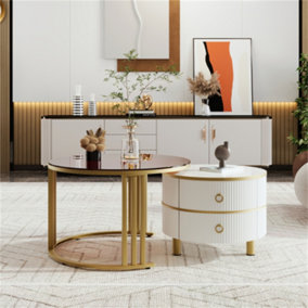 2-in-1 Round MDF Coffee Table with 1 High-gloss Table Top and 1 Side Table with Brown Tempered Glass Tabletop, Set with 2 Drawers