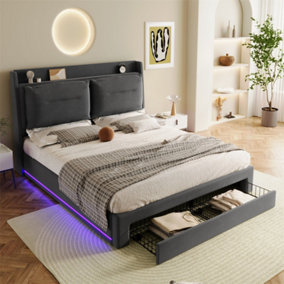 2-in-1 storage drawers at the end of the bed, recessed LED light, King Size Bed, Velvet,Dark gray