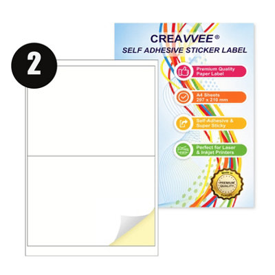 2 Label per Sheet, 25 A4 Sheets, Printable White Sticker Paper Labels ...