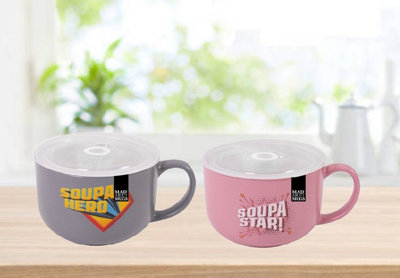 2 Large Novelty Soup Mugs Soupa Hero Soupa Star New Bone China Bowl & Lid 25oz